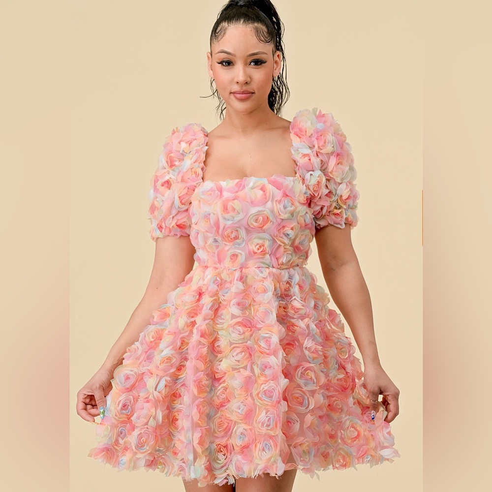 Short Puff Sleeve Chiffon 3D Flower Pink Blue Mini Babydoll Dress.‎ Size small